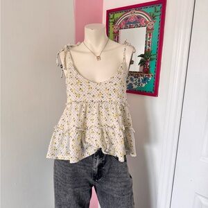 E & M Cream And Yellow Tie-Shoulder Floral Peplum Camisole